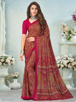 Akhilam - Womens Crepe Pink Printed Designer Saree with Unstitched Blouse