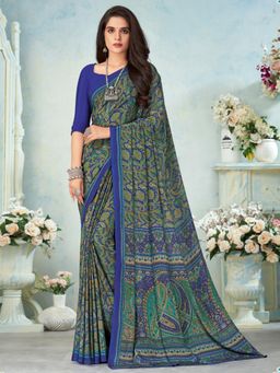 Akhilam - Womens Crepe Blue Printed Designer Saree with Unstitched Blouse