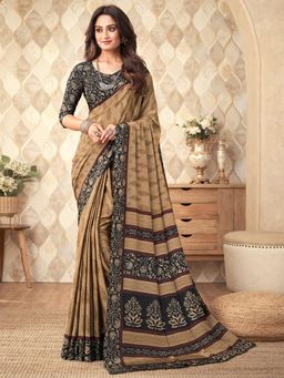 Akhilam - Womens Crepe Beige Printed Designer Saree with Unstitched Blouse