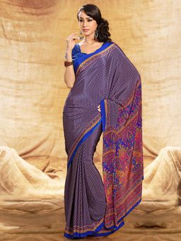 Akhilam - Womens Crepe Blue Printed Designer Saree with Unstitched Blouse