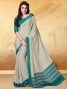 Akhilam - Womens Crepe Teal Printed Designer Saree with Unstitched Blouse