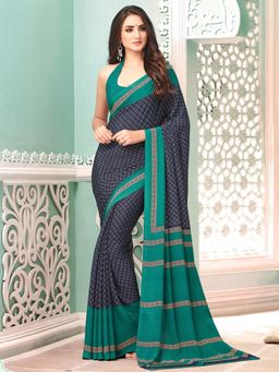 Akhilam - Womens Crepe Navy Blue Printed Designer Saree with Unstitched Blouse