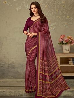 Akhilam - Womens Crepe Magenta Printed Designer Saree with Unstitched Blouse
