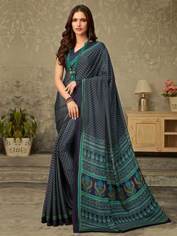 Akhilam - Womens Crepe Navy Blue Printed Designer Saree with Unstitched Blouse