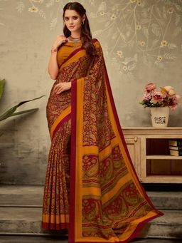 Akhilam - Womens Crepe Maroon Printed Designer Saree with Unstitched Blouse