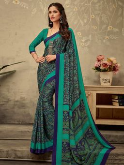 Akhilam - Womens Crepe Navy Blue Printed Designer Saree with Unstitched Blouse