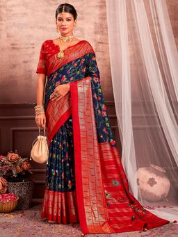 Akhilam - Womens Tussar Silk Navy Blue Printed Designer Saree with Unstitched Blouse
