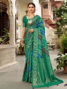 Sareemall - Womens Tussar Silk Teal Green Printed Designer Saree with Unstitched Blouse