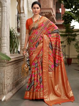Sareemall - Womens Tussar Silk Orange Printed Designer Saree with Unstitched Blouse