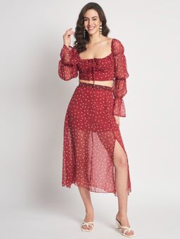 ANVI Be Yourself - Maroon & White Polka Print Midi Skirt