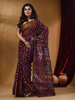 Arhi - Wine Cotton Handwoven jamdhani Saree with Chevron Designs