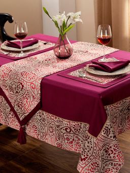Maspar - Wine Cotton Ethnic Print Regular Napkin Placemat Set - 35X48 Cm
