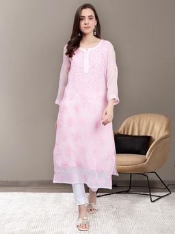Seva Chikan - Hand Embroidered Pink Georgette Lucknowi Chikankari Kurta with Inner (Set of 2)