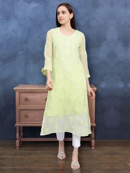 Seva Chikan - Hand Embroidered Green Georgette Lucknowi Chikankari Kurta with Inner (Set of 2)