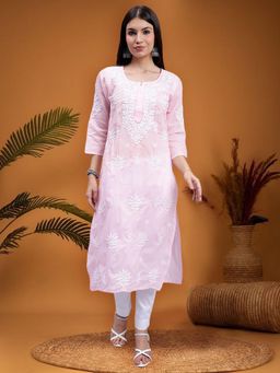 Seva Chikan - Hand Embroidered Pink Terivoil Cotton Lucknowi Chikankari Kurta