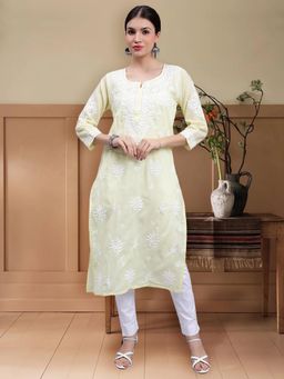 Seva Chikan - Hand Embroidered Lemon Terivoil Cotton Lucknowi Chikankari Kurta