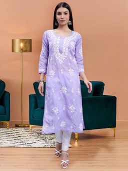 Seva Chikan - Hand Embroidered Mauve Terivoil Cotton Lucknowi Chikankari Kurta