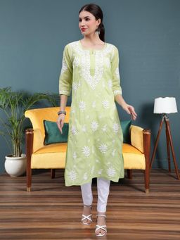 Seva Chikan - Hand Embroidered Green Terivoil Cotton Lucknowi Chikankari Kurta