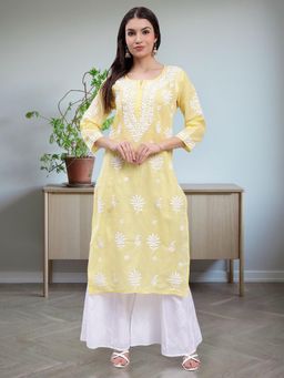 Seva Chikan - Hand Embroidered Yellow Terivoil Cotton Lucknowi Chikankari Kurta
