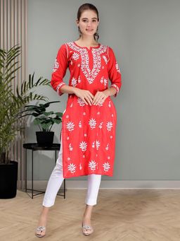 Seva Chikan - Hand Embroidered Red Terivoil Cotton Lucknowi Chikankari Kurta