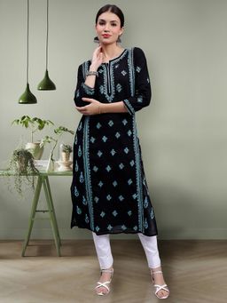 Seva Chikan - Hand Embroidered Black Cotton Lucknowi Chikankari Kurta