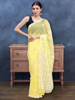 Seva Chikan - Hand Embroidered Lucknowi Chikankari Yellow Georgette Saree with Unstitched Blouse