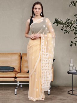 Seva Chikan - Hand Embroidered Lucknowi Chikankari Beige Georgette Saree with Unstitched Blouse