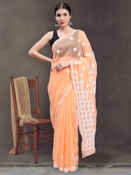 Seva Chikan - Hand Embroidered Lucknowi Chikankari Orange Georgette Saree with Unstitched Blouse