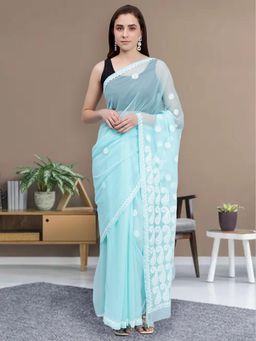 Seva Chikan - Hand Embroidered Lucknowi Chikankari Sea Green Georgette Saree with Unstitched Blouse