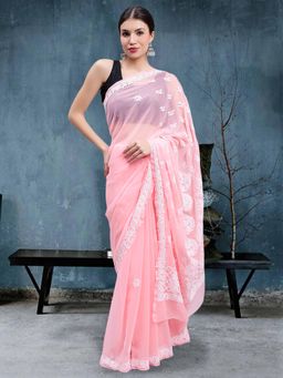 Seva Chikan - Hand Embroidered Lucknowi Chikankari Peach Georgette Saree with Unstitched Blouse