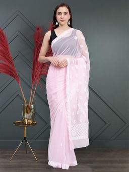 Seva Chikan - Hand Embroidered Lucknowi Chikankari Pink Georgette Saree with Unstitched Blouse