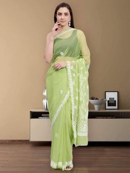 Seva Chikan - Hand Embroidered Lucknowi Chikankari Green Georgette Saree with Unstitched Blouse