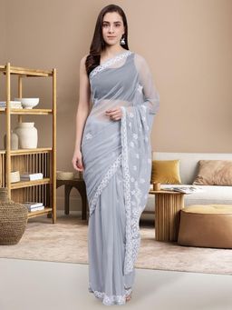 Seva Chikan - Hand Embroidered Lucknowi Chikankari Grey Georgette Saree with Unstitched Blouse
