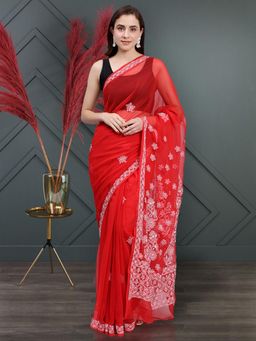 Seva Chikan - Hand Embroidered Lucknowi Chikankari Red Georgette Saree with Unstitched Blouse