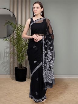 Seva Chikan - Hand Embroidered Lucknowi Chikankari Black Georgette Saree with Unstitched Blouse