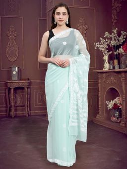 Seva Chikan - Hand Embroidered Lucknowi Chikankari Sea Green Georgette Saree with Unstitched Blouse