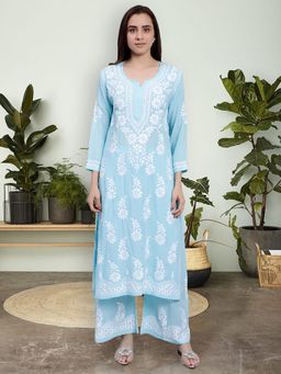 Seva Chikan - Hand Embroidered Modal Blue Lucknowi Chikankari Kurta (Set of 2)