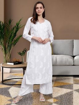 Seva Chikan - Hand Embroidered Modal White Lucknowi Chikankari Kurta (Set of 2)