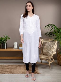 Seva Chikan - Hand Embroidered White Cotton Lucknowi Chikankari Kurta (Set of 2)