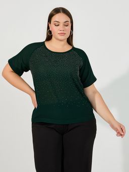 Styli - Women Green Plus Sparkle Detail Woven Short Sleeve Top