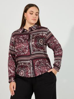 Styli - Women Burgundy Plus Long Sleeve Shirt with Placement Scarf Print