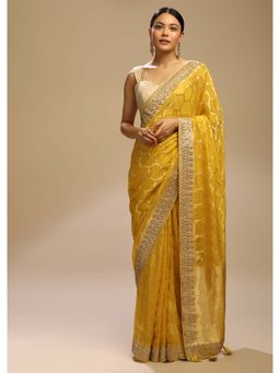 KALKI FASHION - Mimosa Yellow Saree in Organza Silk Woven Moroccan Jaal with Unstitched Blouse