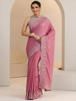 Libas - Pink Striped Sequins Embellished Saree With Embroidered Border And A Blouse Piece