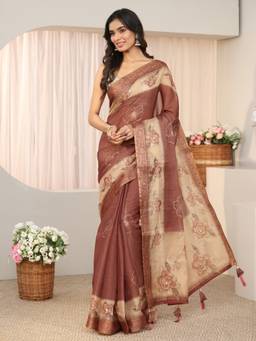 Libas - Brown Floral Printed Saree With Zari Woven Design Border And A Blouse Piece