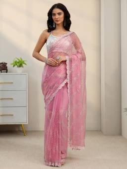 Libas - Pink Sequin Work Embellished Saree With Embellished Border And A Blouse Piece