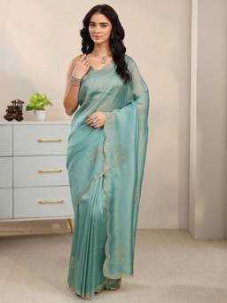 Libas - Blue Embellished Saree With Embellished Border And A Blouse Piece