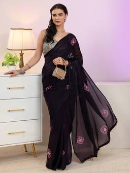 Libas - Wine Embroidered Saree With Solid Border And A Blouse Piece
