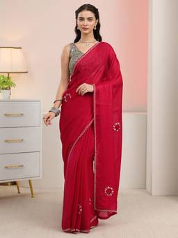 Libas - Red Floral Patch Work Saree And A Blouse Piece