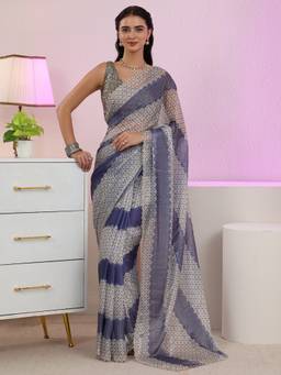Libas - Lavender Geometric Stone Work Embellished Saree And A Blouse Piece