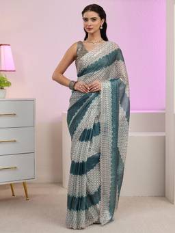 Libas - Blue Geometric Stone Work Embellished Saree And A Blouse Piece